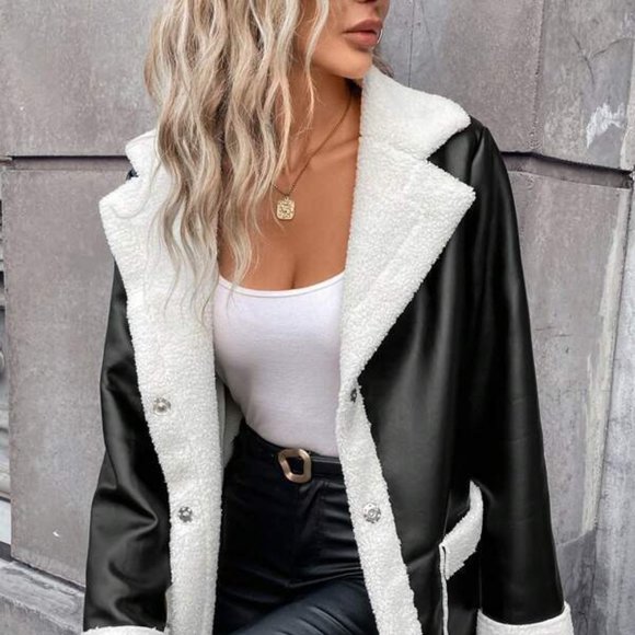 Black and White Teddy Lined PU Leather Coat - Picture 2 of 6